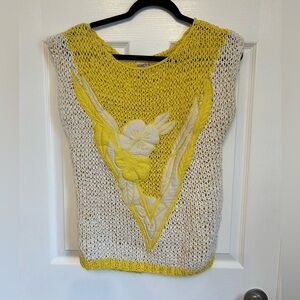 Vintage 80’s Retro Nancy K Cotton Knit Granny Chic Yellow Flower Top Shirt Y2K